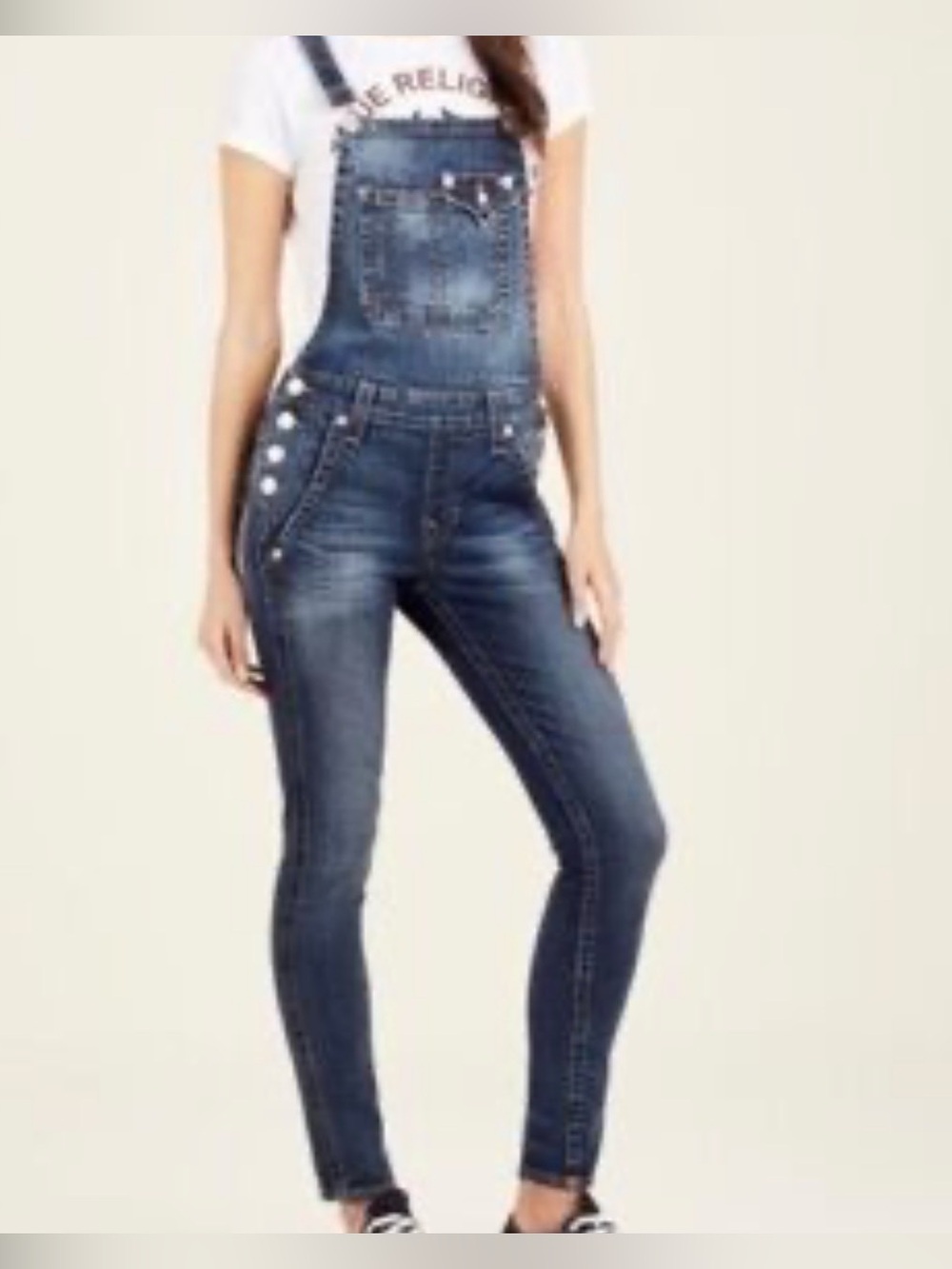 True Religion Skinny Leg Medium Wash Denim Overalls Jumpsuit Size Large